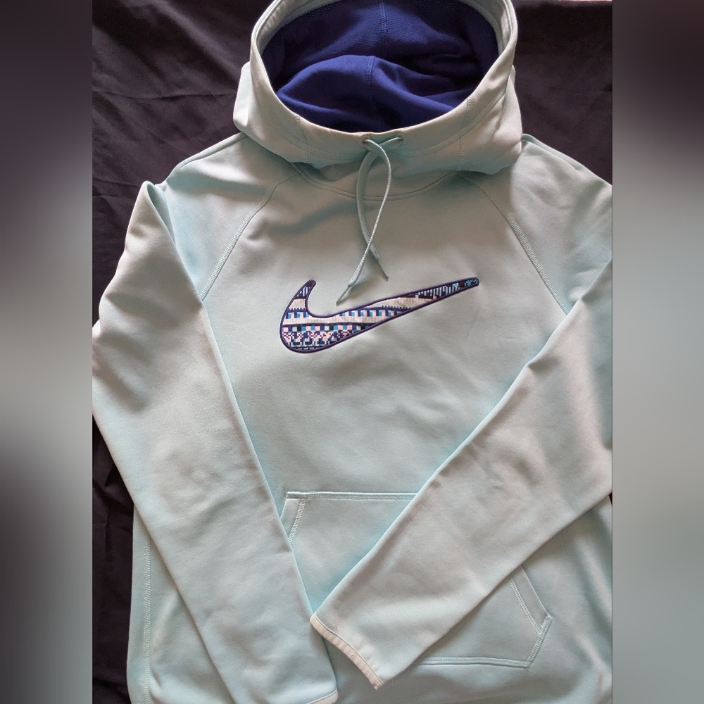 Nike Light Blue Pullover Hoodie with Patterned Swoosh